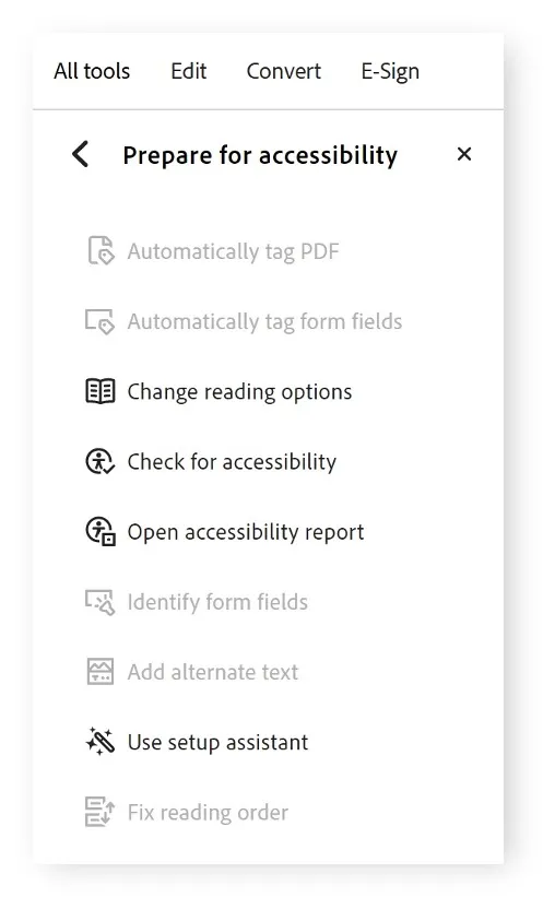 Left panel showing the “Prepare for accessibility” menu with “Check for accessibility” listed.