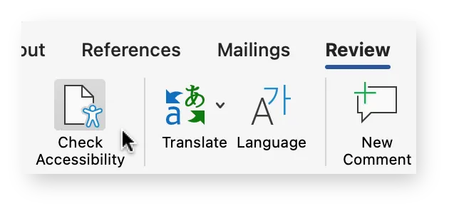 "Review" menu open with "Check Accessibility" listed. 